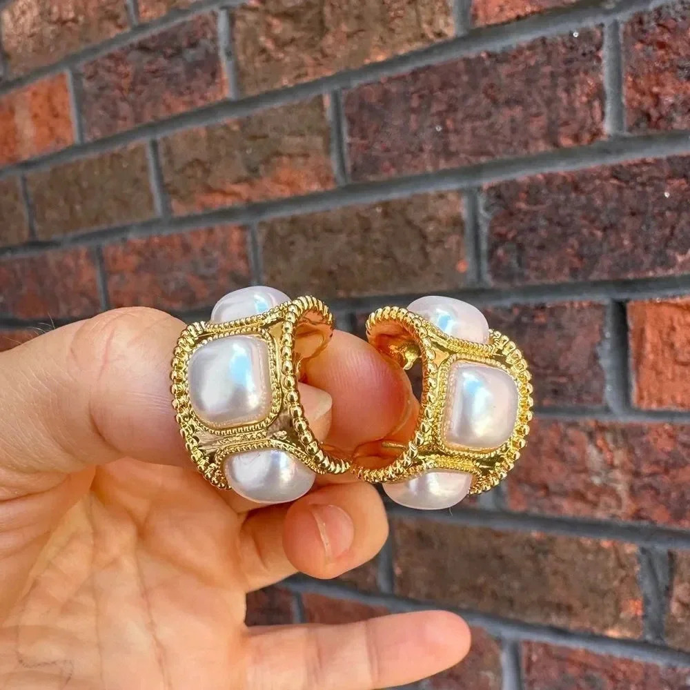 Vintage Gold Pearl Hoop Earrings - Picture 7 of 14